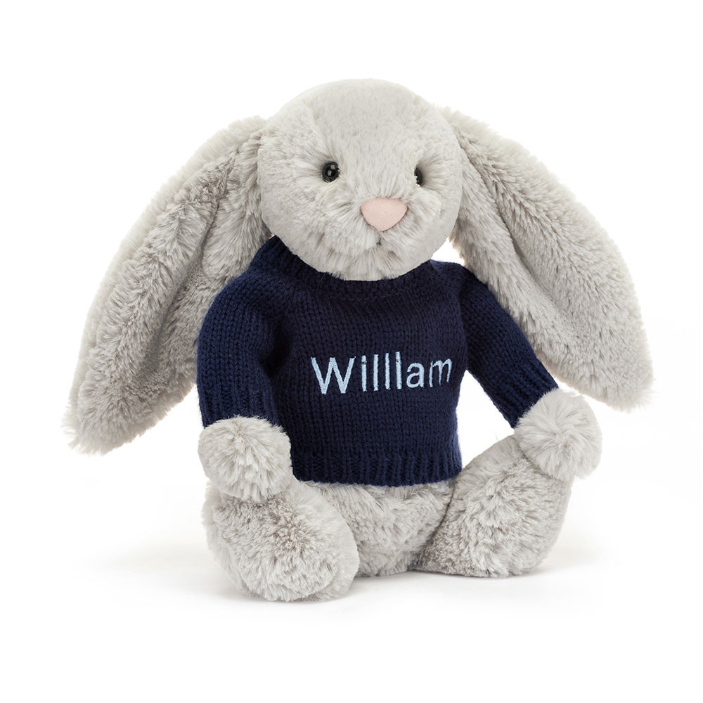 Bashful Silver Bunny with Personalized Navy Jumper